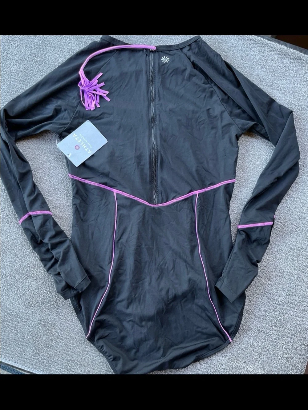 Athleta Ariel Black Long-Sleeve Swim rashguard with Purple Piping
